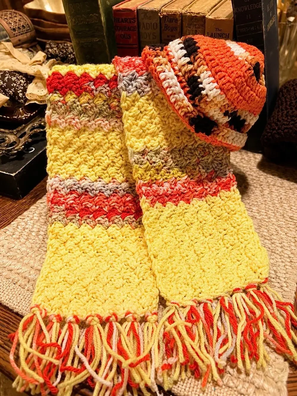 Handmade Crochet Scarf With Hat, Yellow, Brown, Pink, Red, Orange & Cream